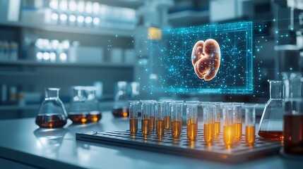 Poster - futuristic healthcare lab with projected virtual twin simulation of human organ glowing with detaile