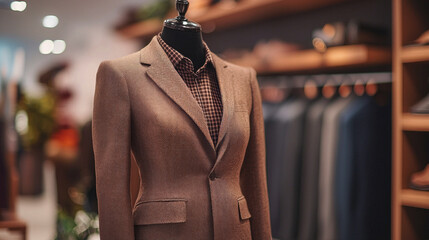 Poster - In a contemporary boutique, a mocha mousse blazer stands out on a mannequin. This fashionable piece is paired with a chic checkered shirt, surrounded by a collection of carefully arranged garments