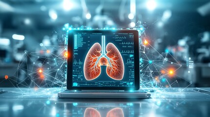 Poster - A photograph of a hospital ward showcasing a virtual twin model of a patient s lung displayed on a digital tablet surrounded by glowing health metrics and interconnected network lines