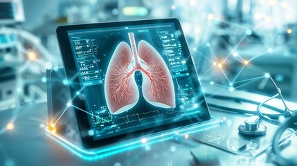 Poster - Virtual twin model of a patient s lung displayed on a digital tablet surrounded by glowing health metrics and interconnected network lines