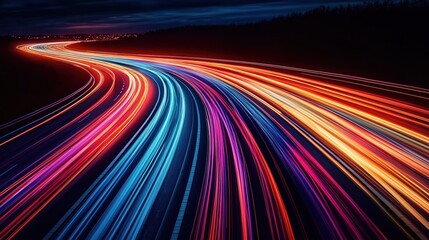 Poster - highway at night shows colorful light trails from fast moving vehicles. dynamic, fast moving tech sc