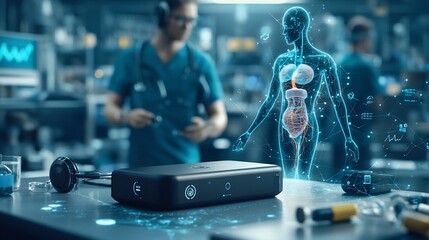 Poster - futuristic image showcasing a wearable health monitoring device on a table connected to a virtual tw