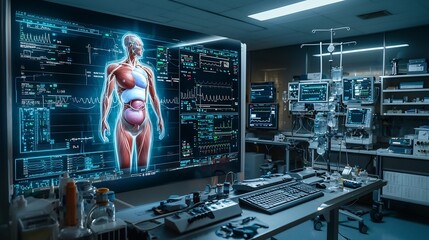 Aufkleber - futuristic hospital control room with large transparent holographic display showcasing interconnecte