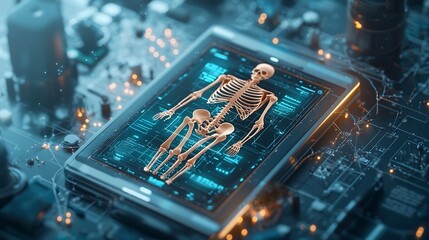 Poster - Futuristic health monitoring station with a virtual twin simulation of a patient s skeletal system surrounded by glowing network connections leaving copy space at the top for design elements