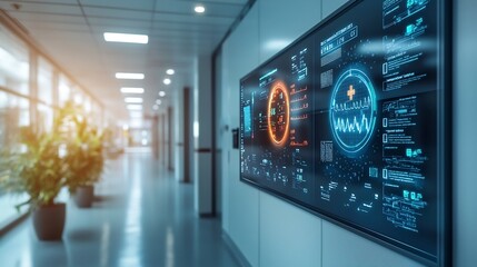Aufkleber - advanced hospital corridor with futuristic holographic display of real time patient vital signs and 