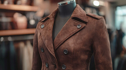 Poster - In an elegant boutique setting, a mocha mousse fragment of a women's jacket catches the eye, emphasizing modern design with its sleek lines and rich texture, inviting fashion enthusiasts to explore