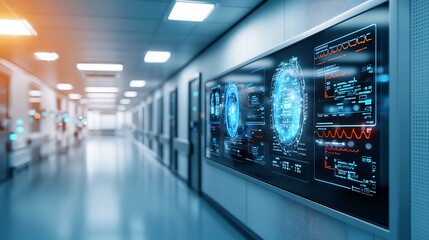 Poster - a modern futuristic hospital corridor featuring a virtual twin holographic display showcasing real t