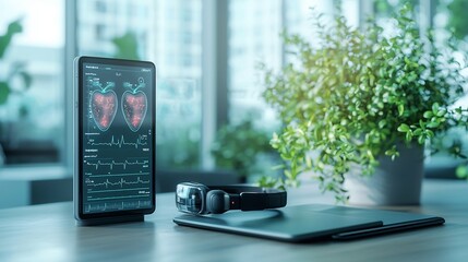 Poster - a photograph of an advanced wearable health device on a table paired with a holographic virtual twin