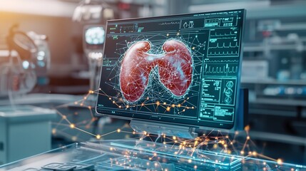 Poster - diagnostic screen in a healthcare facility displaying a virtual twin of a patient s liver with inter