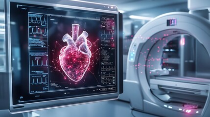 Poster - Cutting edge hospital scanner displaying a virtual twin projection of a human heart with detailed health insights and glowing network visuals