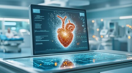 Poster - Advanced hospital scanner showcasing a virtual twin projection of a human heart revealing detailed health insights and glowing network visuals