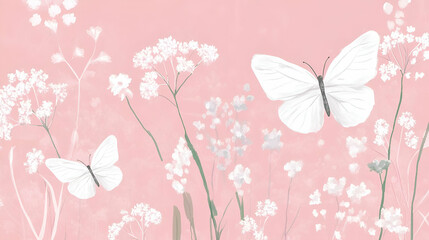  A serene illustration of white butterflies among delicate flowers on a soft pink background.