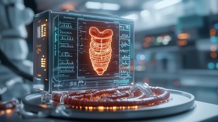 Poster - futuristic diagnostic capsule projecting a virtual twin model of a patient s digestive system linked