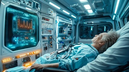Poster - A photograph showcasing the interior of a futuristic ambulance equipped with a holographic virtual twin simulation of a patient s vital signs connected to glowing network nodes