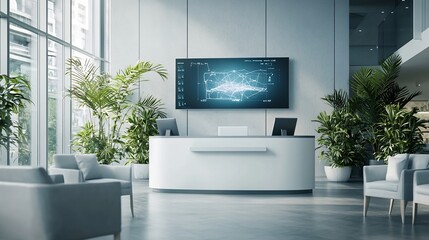Poster - photograph of a contemporary hospital reception area featuring a central display projecting a virtua