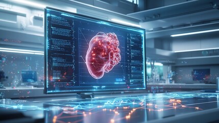 Poster - Futuristic research laboratory setting with a large holographic display showing a virtual twin of a patient s organ surrounded by glowing analytics and network lines