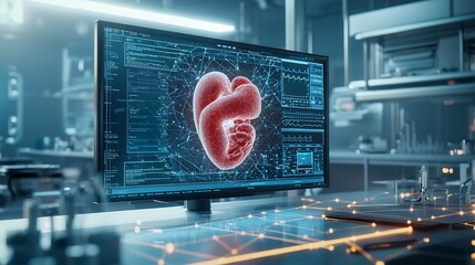 Poster - Futuristic research laboratory showcasing a holographic twin of a patient s organ surrounded by glowing analytics and network lines providing advanced medical diagnostics and data visualization