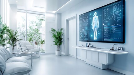 Poster - a digital consultation room featuring a virtual twin hologram displaying patient health metrics and 