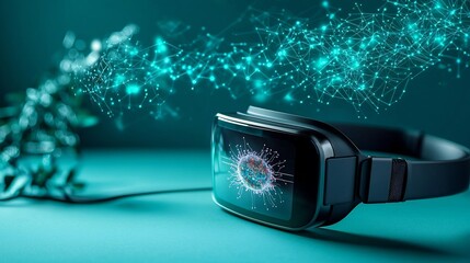 Poster - A photograph of a smart wearable monitoring station with a virtual twin hologram projecting a detailed simulation of a patient s immune system