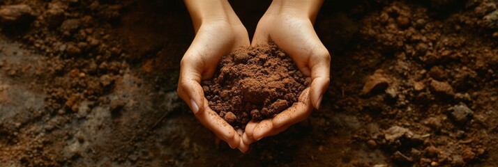 Poster - Two hands cradle rich, dark soil ideal for nurturing plants, showcasing the connection between nature and gardening. Generative AI