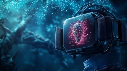 Poster - futuristic smart wearable monitoring station with a virtual twin hologram projecting a detailed simu