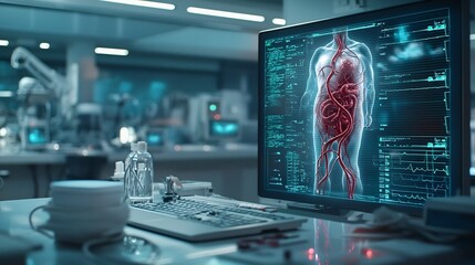 Poster - A photograph of a futuristic medical lab featuring a virtual twin hologram of a patient s circulatory system highlighting areas with blocked arteries and glowing network analytics