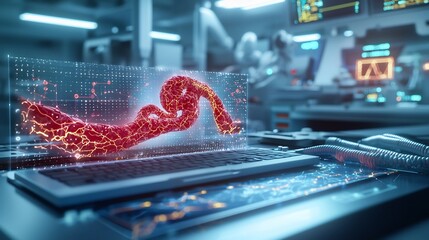 Poster - futuristic medical laboratory scene with a virtual twin hologram of a patient s circulatory system h