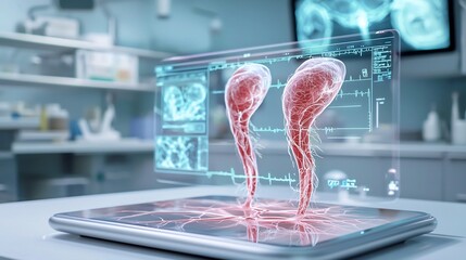 Poster - a futuristic surgery room featuring a virtual twin holographic model of the patient s veins with a d