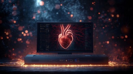 Poster - cutting edge cardiology console displaying a virtual twin hologram of a patient s heart with real ti