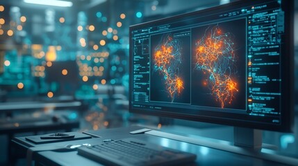 Poster - Futuristic diagnostic station showcasing a virtual twin of the nervous system with highlighted regions for fibromyalgia pain mapped in glowing colors