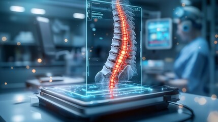 Poster - Innovative medical facility showcases a virtual twin hologram of a human spine with areas of nerve pain from sciatica highlighted in vibrant red
