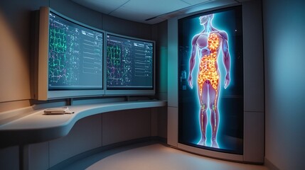 Aufkleber - a photograph of a healthcare monitoring station showcasing a virtual twin hologram of a human body