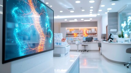 Poster - Innovative Pain Treatment Clinic Featuring a Virtual Twin of the Nervous System Displaying Glowing Pain Pathways from Complex Regional Pain Syndrome CRPS with Copy Space at the Top for Text Overlay