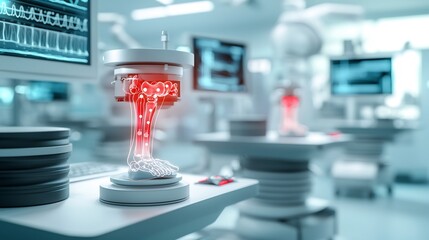 Poster - futuristic pain research lab showcases virtual twin of hip joints with vivid red bursitis indicators