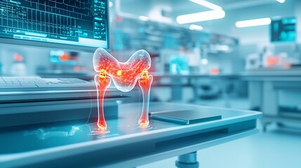 Poster - futuristic pain research lab showcases virtual twin of hip joints with vivid indicators of bursitis 