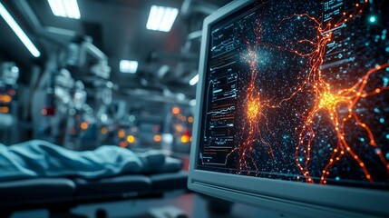 Poster - Advanced healthcare facility showcasing a virtual twin of neural networks and glowing signals highlighting migraine pain pathways leaving copy space at the bottom right for text overlay