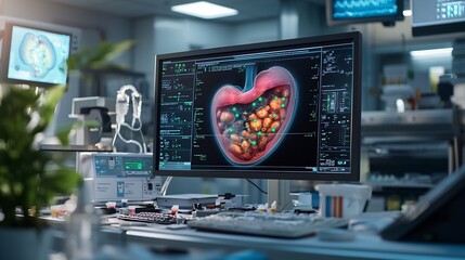 Aufkleber - futuristic high tech diagnostic center showcasing virtual twin of stomach with vibrant markers highl
