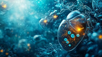 Poster - Innovative Diagnostics Platform Featuring a Detailed Virtual Twin Hologram of the Liver and Bile Ducts Showcasing Obstructions from Gallstones with Glowing Markers and Leaving Ample Copy Space
