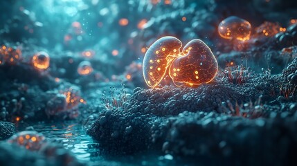 Poster - Futuristic medical diagnostic platform featuring a virtual 3D hologram of the liver and bile ducts highlighting obstructions caused by gallstones with glowing marker indicators