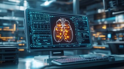 Poster - futuristic healthcare monitoring station displaying a virtual twin of the pancreas highlighting infl