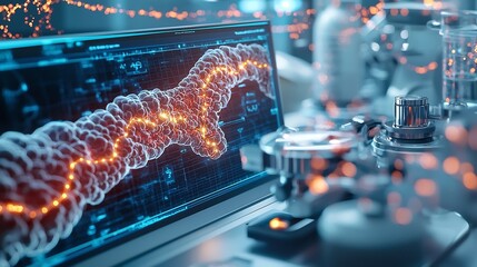 Poster - A smart diagnostic laboratory showcases a virtual twin model of the esophagus mapping out affected areas from Barrett s esophagus with glowing pathways