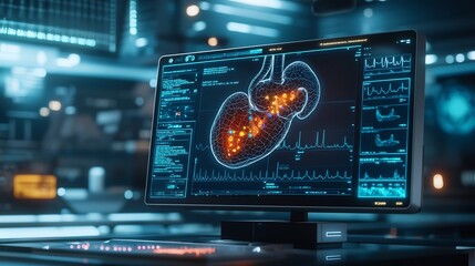 Poster - Futuristic medical monitoring station featuring a virtual twin of the pancreas highlighting inflammation caused by pancreatitis with vibrant diagnostic markers