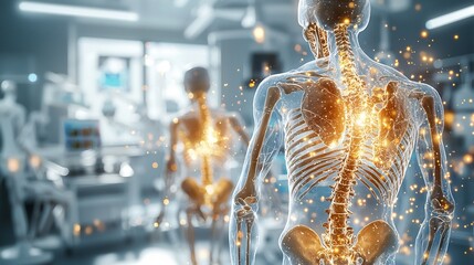 Poster - Futuristic orthopedic clinic featuring a virtual 3D twin of a human skeleton highlighting fragile bone areas affected by osteoporosis with glowing visuals leaving copy space for text