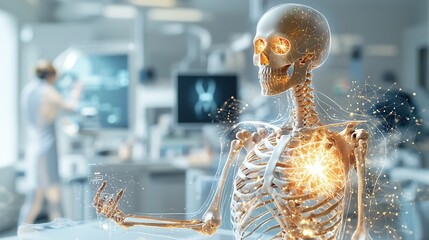 Poster - A photograph of a futuristic orthopedic clinic featuring a virtual twin of a human skeleton highlighting areas affected by osteoporosis with glowing fragile bones