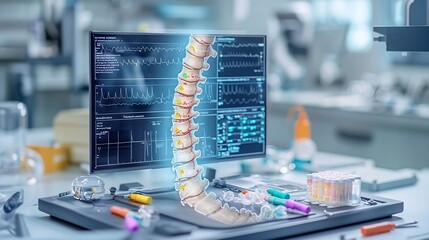 Poster - Advanced medical diagnostics lab displaying a virtual twin of a spine showcasing affected areas from scoliosis with colorful markers