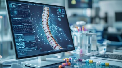 Poster - This image showcases an advanced medical diagnostics lab featuring a virtual twin model of a spine highlighting affected areas from scoliosis with colorful markers