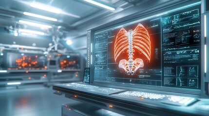 Poster - Futuristic medical research facility showcasing a virtual twin of a rib cage highlighting fractures or deformities caused by trauma leaving copy space at the top left for overlaying text or graphics
