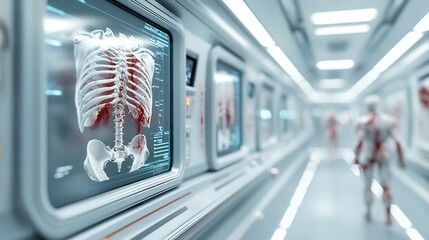 Poster - Futuristic medical research facility showcasing a virtual 3D model or digital twin of a human rib cage highlighting any fractures deformities or trauma related issues