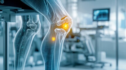 Poster - this innovative healthcare unit features a virtual twin model of a knee joint highlighting areas aff