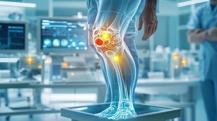 Poster - Innovative virtual healthcare unit featuring a detailed 3D digital twin model of a knee joint highlighting areas affected by cartilage wear due to osteoarthritis with glowing diagnostic indicators